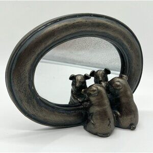 Whimsical Pigs Staring At Reflection Brown Table Top Decorative Mirror Oval